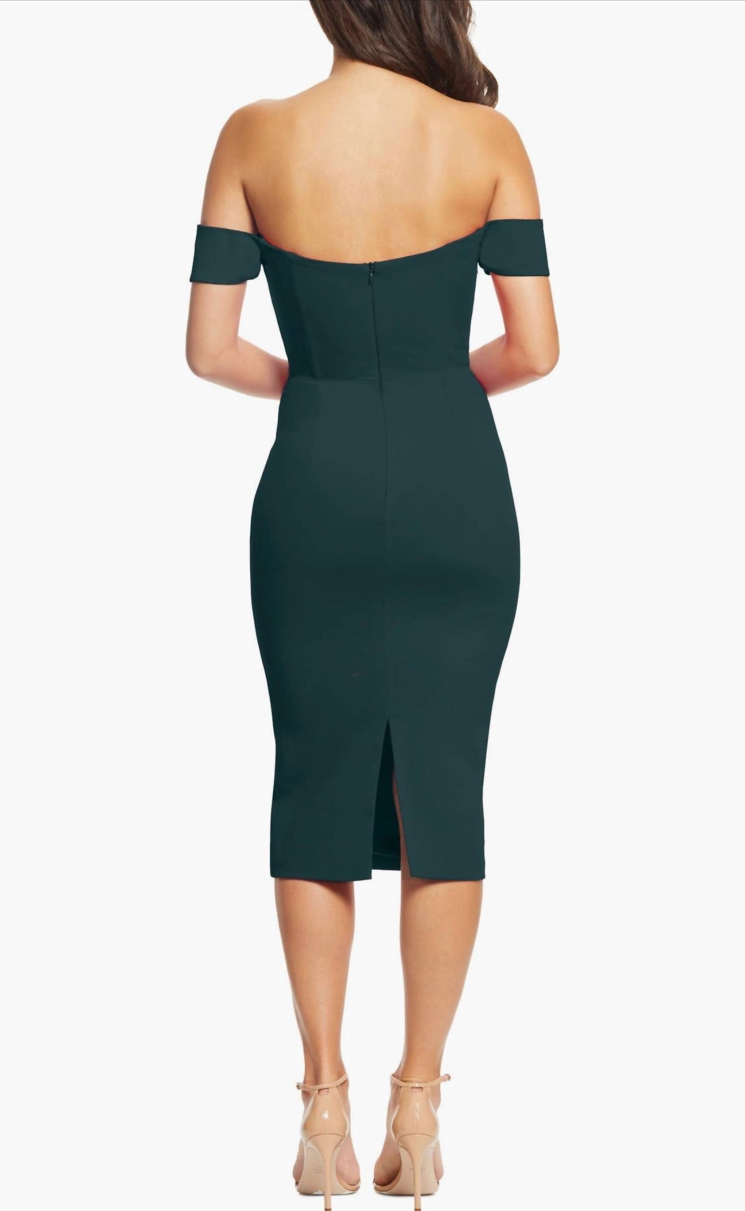 DRESS THE POPULATION Bailey Off The Shoulder Bodycon Dress in pine - women's dress - detail view