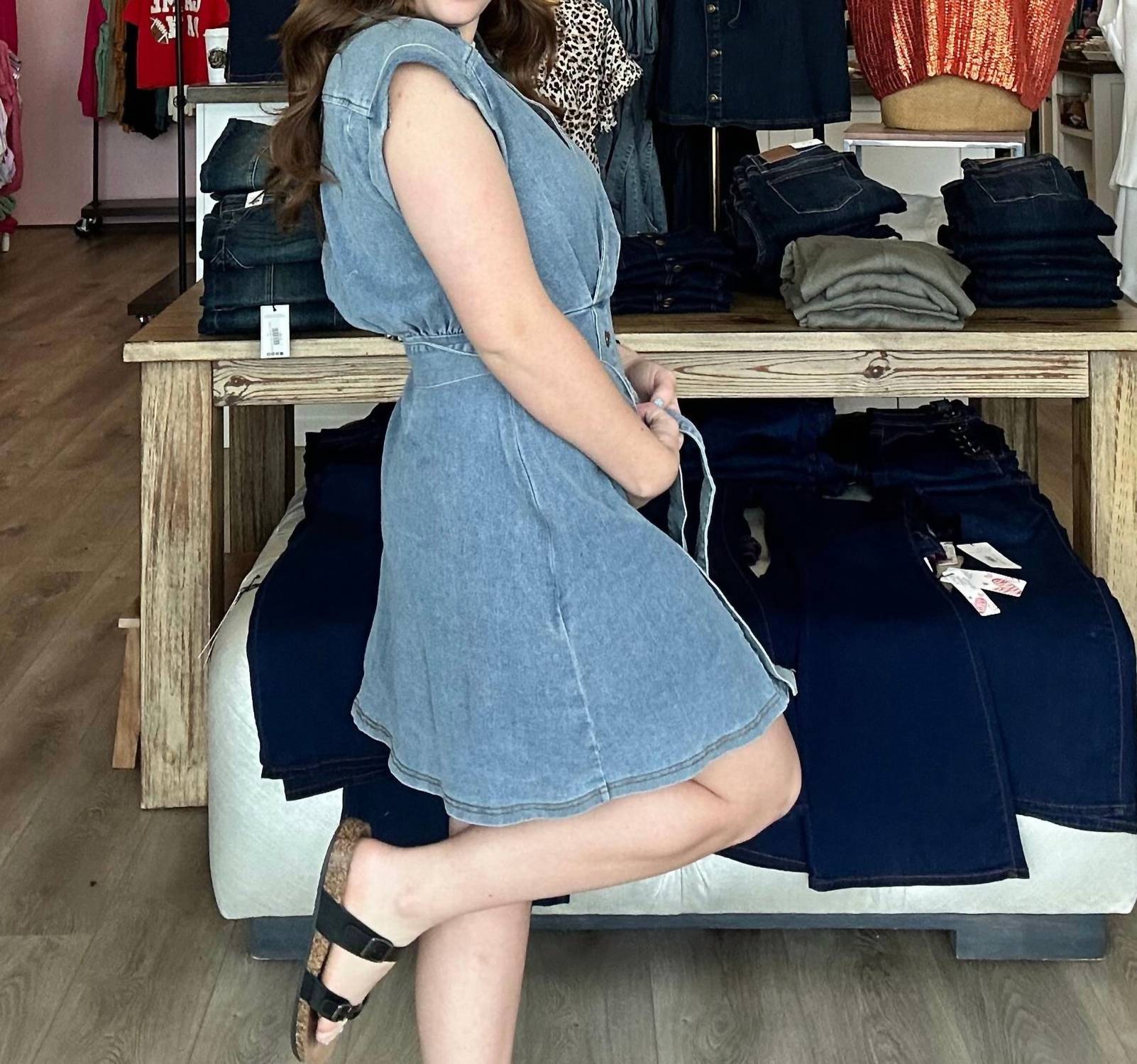 She + Sky - Short Sleeve Surplice V-neck Denim Mini Dress