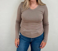 STACCATO Garment Dyed V Neck Top in taupe - women's long sleeve top