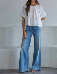 By Together Eyelet Round Neck Short Sleeve Top in white - women's blouse - detail view