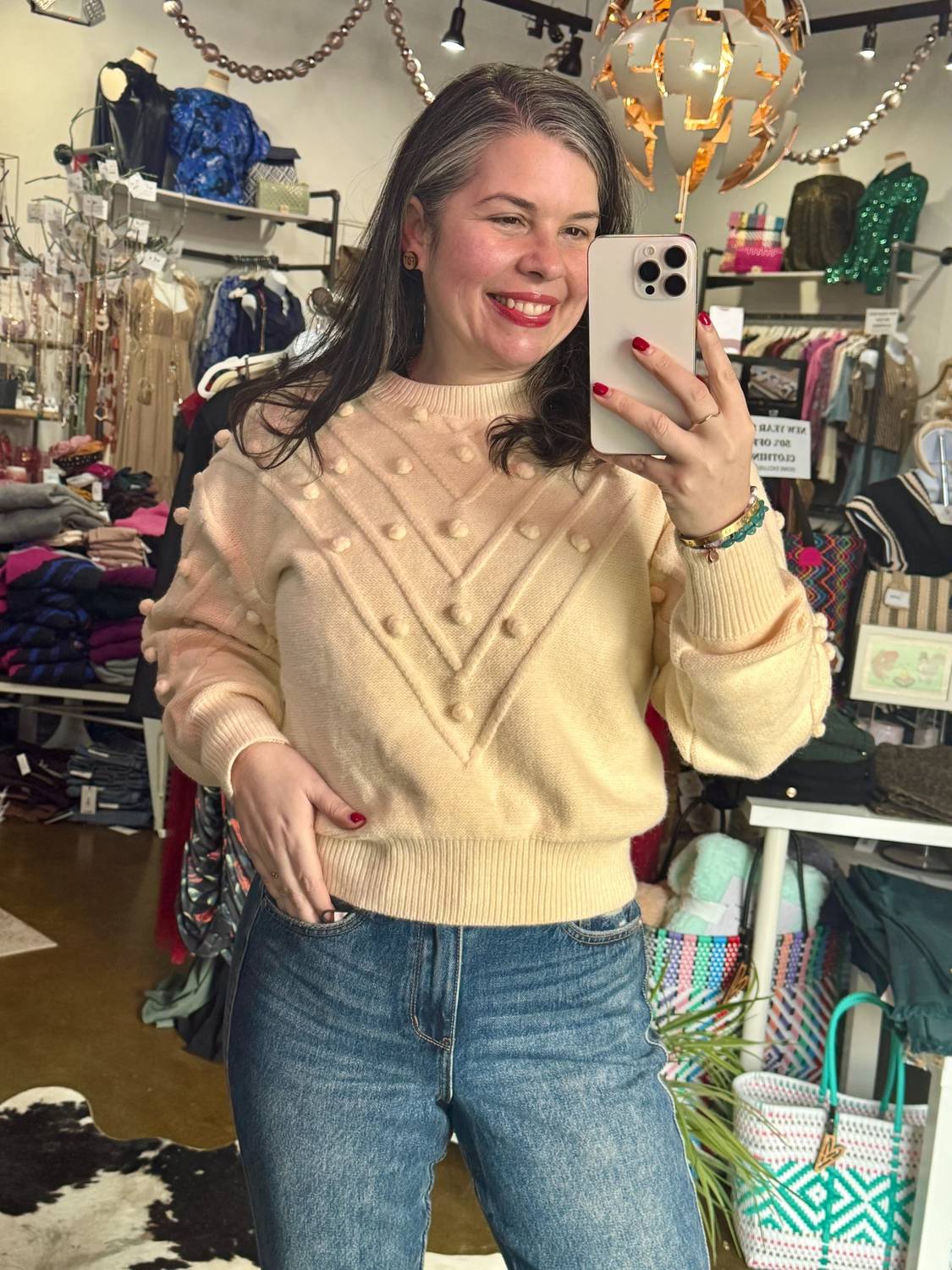 &Merci - Popcorn Knits Along Front And Sleeve Sweater