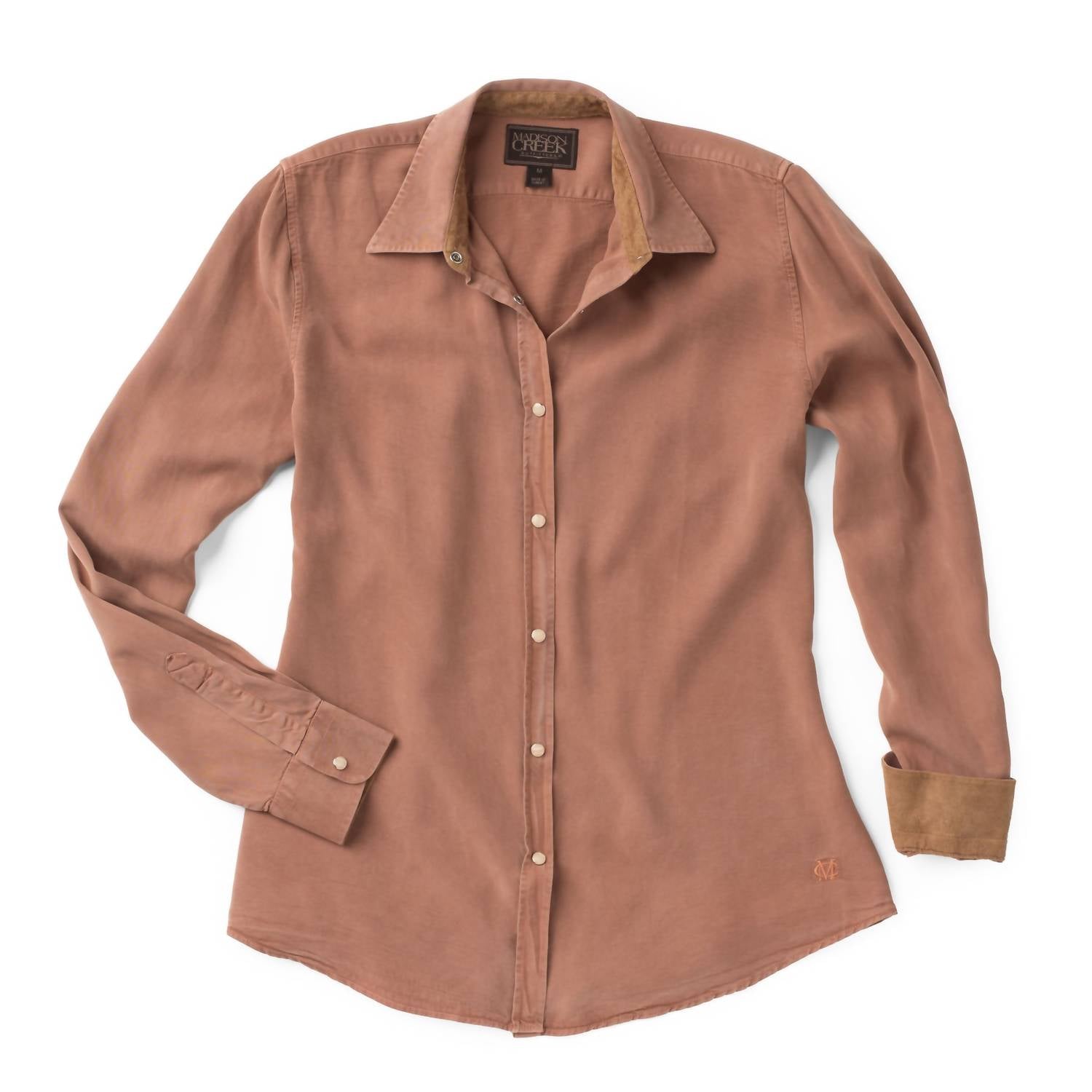 Madison Creek Outfitters Claire Solid Shirt in copper - women's long sleeve top - detail view