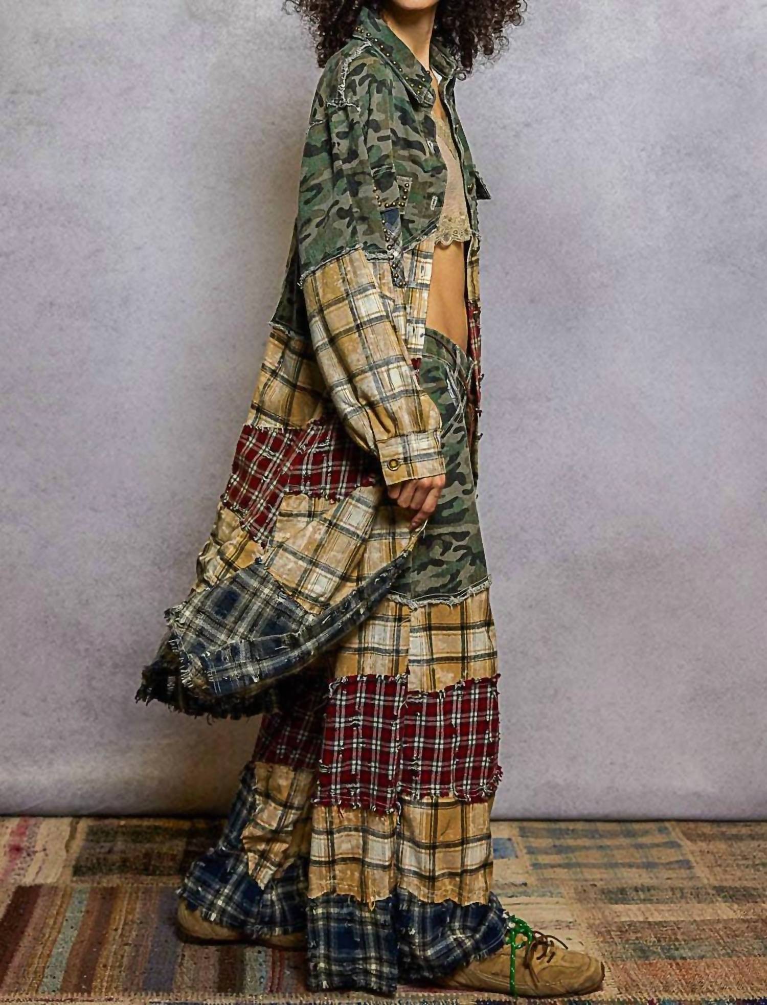 Pol - Plaid Woven Varied Patchwork Maxi Shirt Jacket