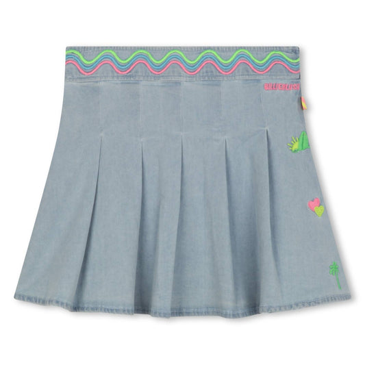 Billieblush - Kids Pleated Denim Skirt W/ Rickrack Embroidery On Waist