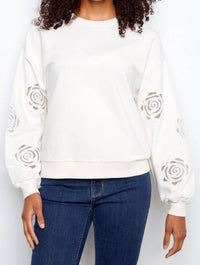 CHARLIE B French Terry Floral Embroidery Long Sleeve Top in white - women's long sleeve top
