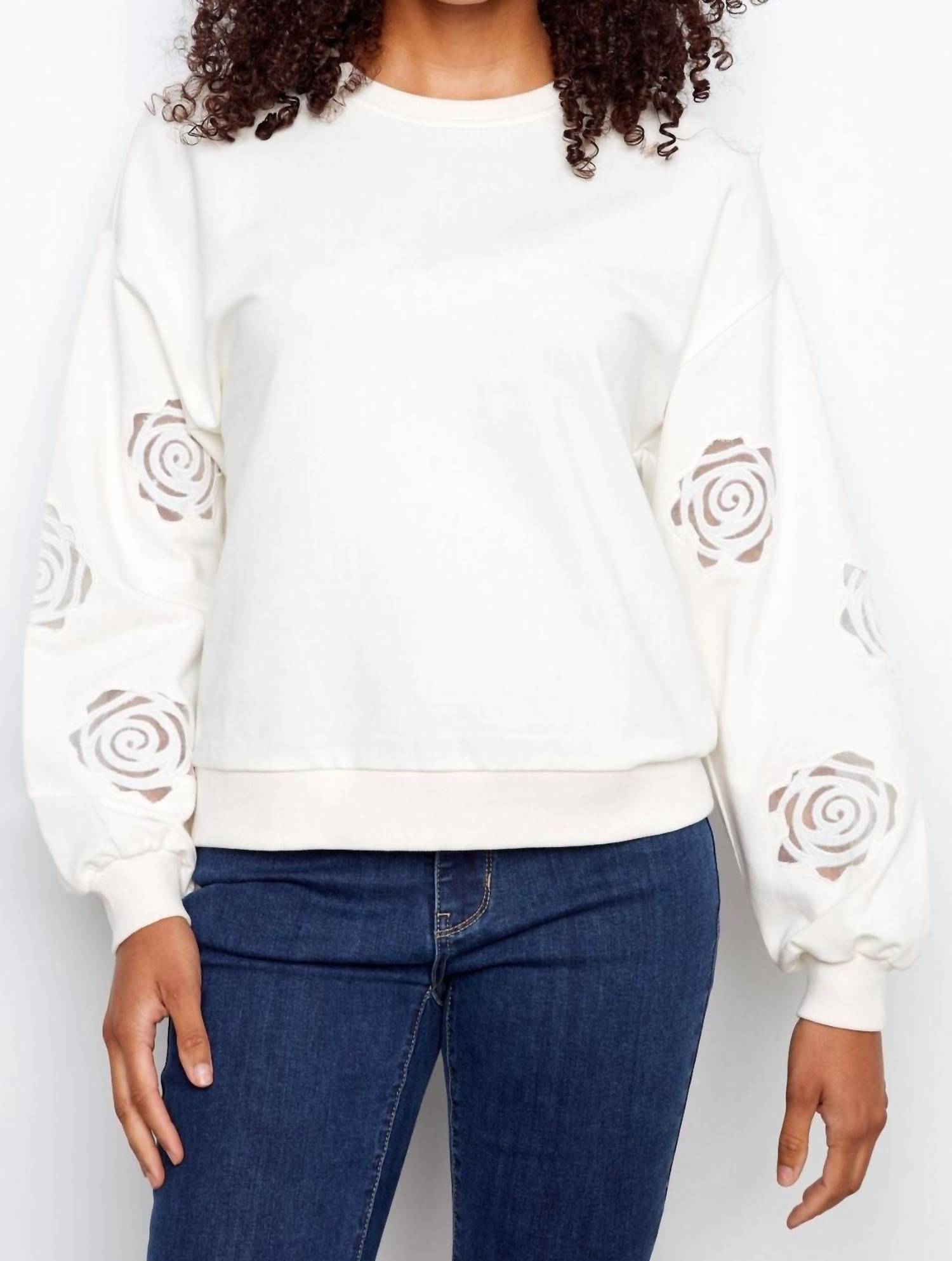 CHARLIE B French Terry Floral Embroidery Long Sleeve Top in white - women's long sleeve top