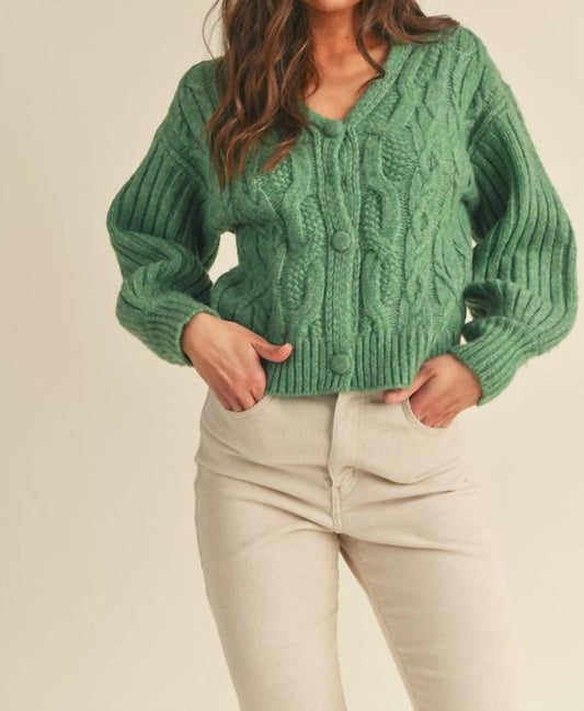 CABLE KNIT PUFF SLEEVE SWEATER CARDIGAN