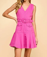 Tcec - V Neck Belted Ruffle Hem Dress