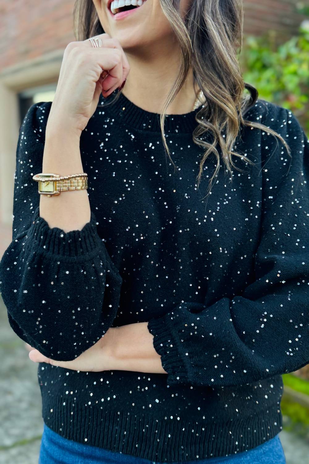 Michael Stars Deanna Femme Sleeve Sweater in black - women's sweater - detail view