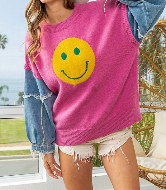 SMILEY PATTERN DENIM SLEEVE SWEATER