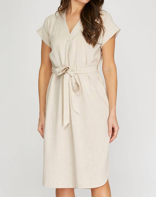 Drop Short Sleeve Waist Tie Linen Dress