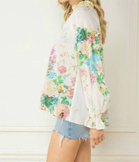 Entro - Floral Contrast Print V-Neck Blouse