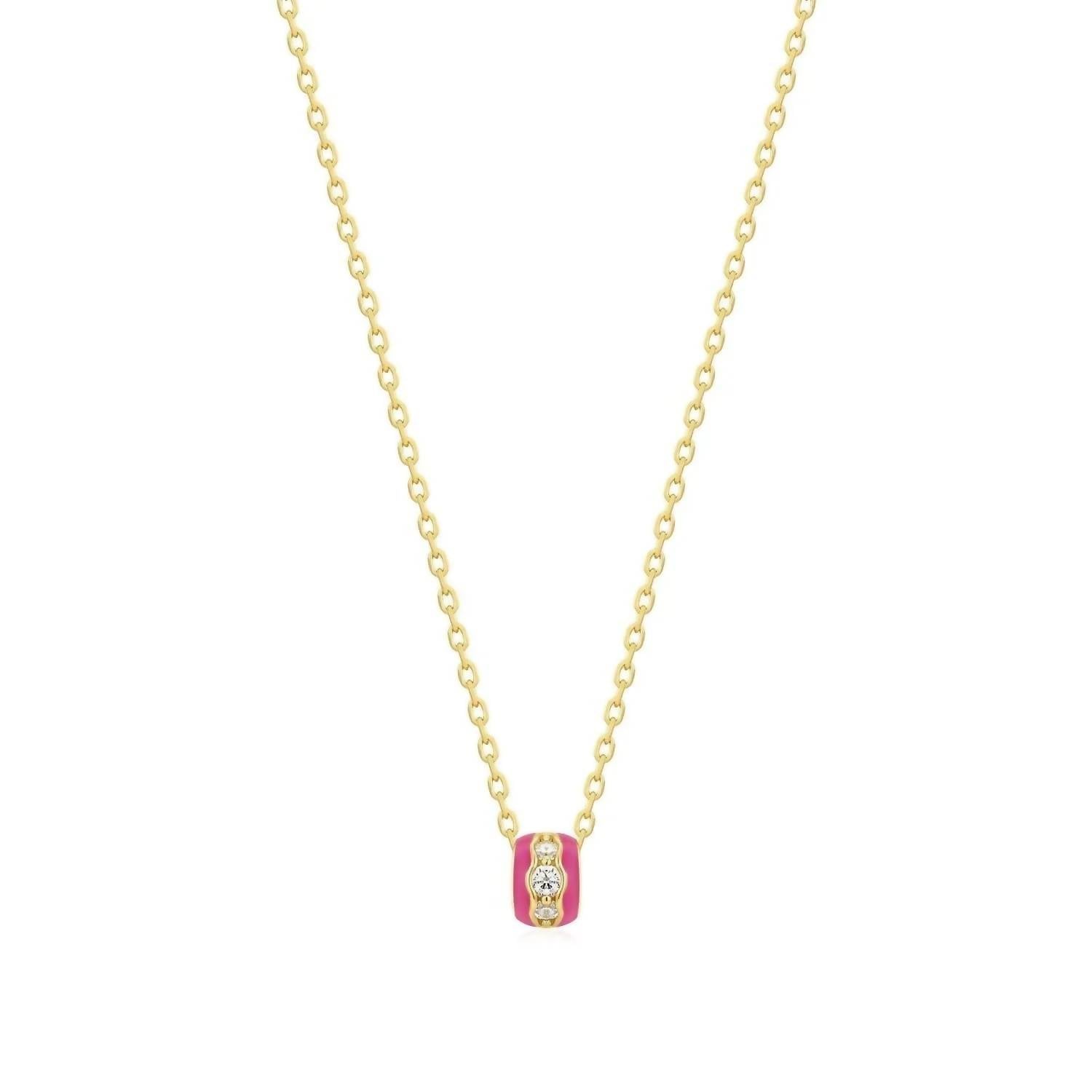 Eklexic - Women's Pink Enamel & Cubic Zirconia Channel Rondelle Necklace