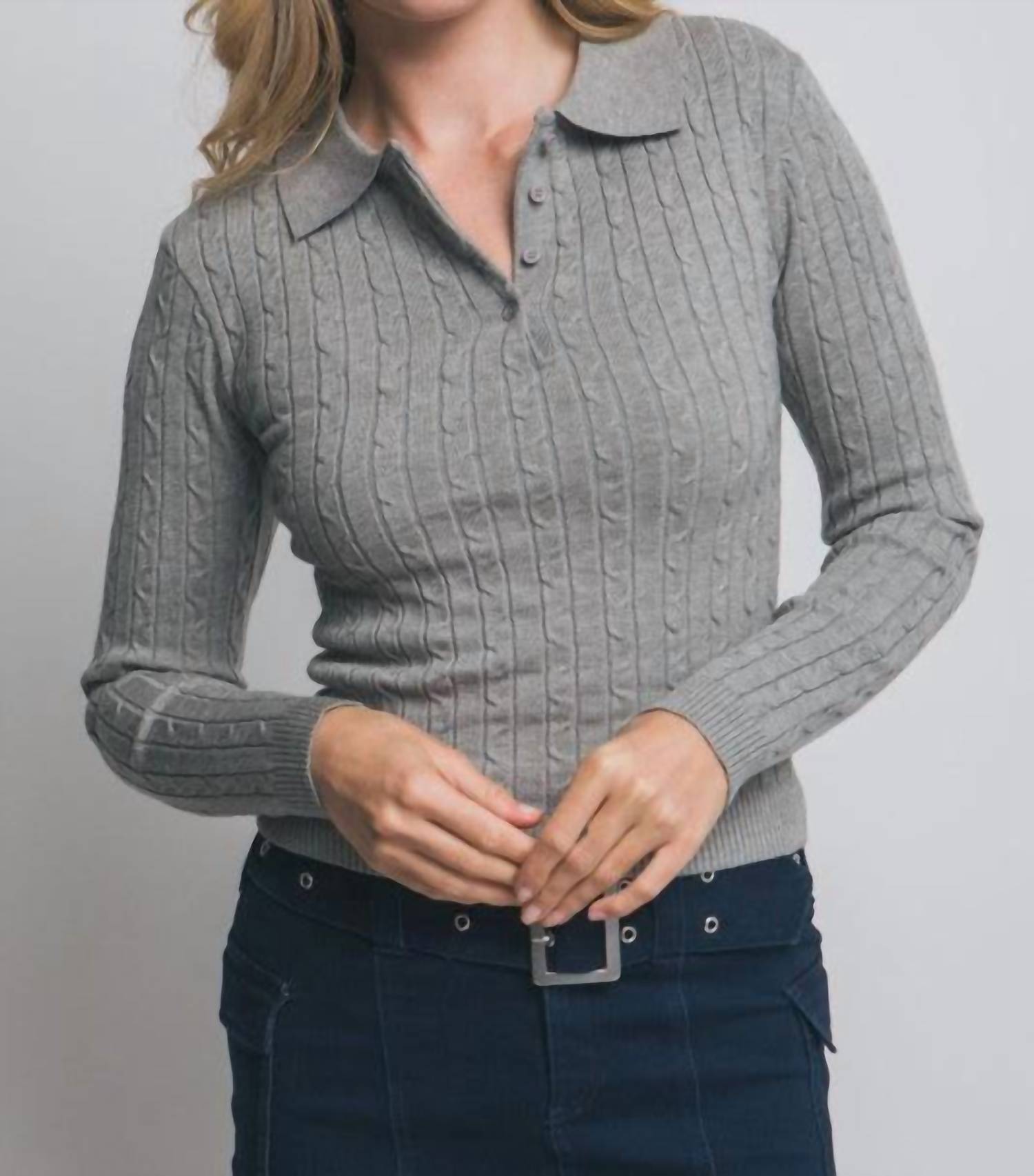 Love Tree - Cable Knit Polo Sweater Top