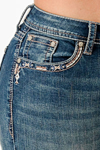 Grace In La - STEER HEAD & TRIBAL FEATHERS MID RISE BOOTCUT EMBROIDERED JEANS