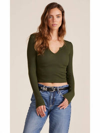 Bobi - Split V-neck Long Sleeve Crop Tee