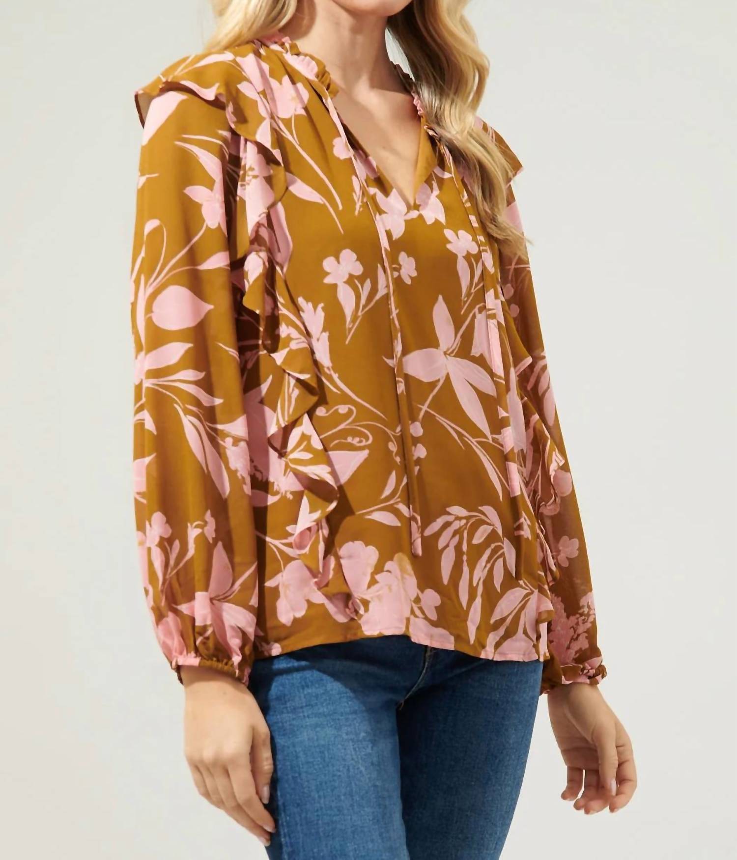 Sugarlips - Floral Chessie Balloon Sleeve Ruffle Blouse
