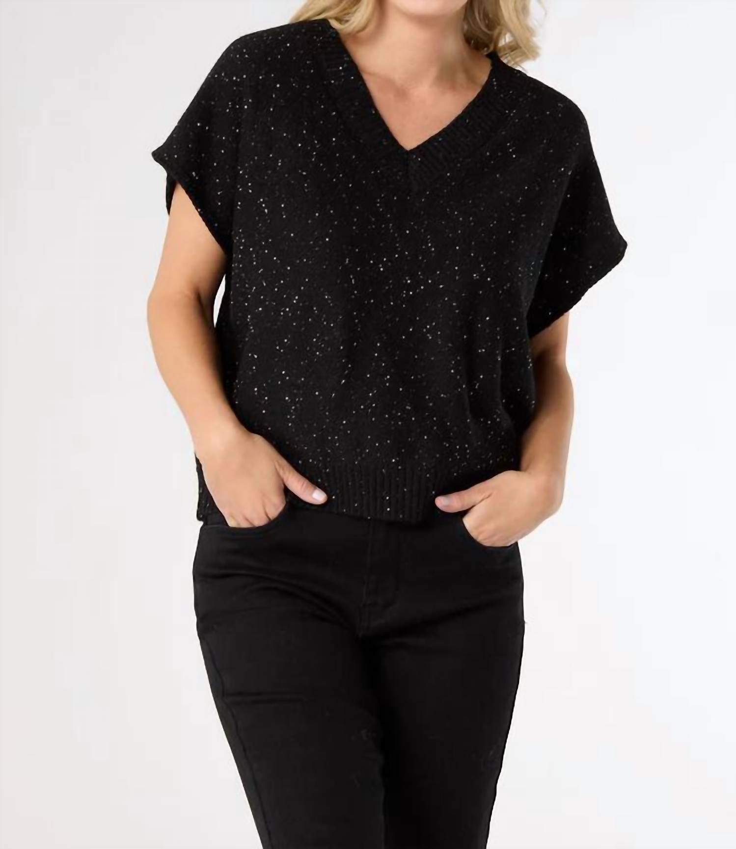 COCO + CARMEN Janece Sparkle V-Neck Cap Sleeve Sweater in black - women's sweater