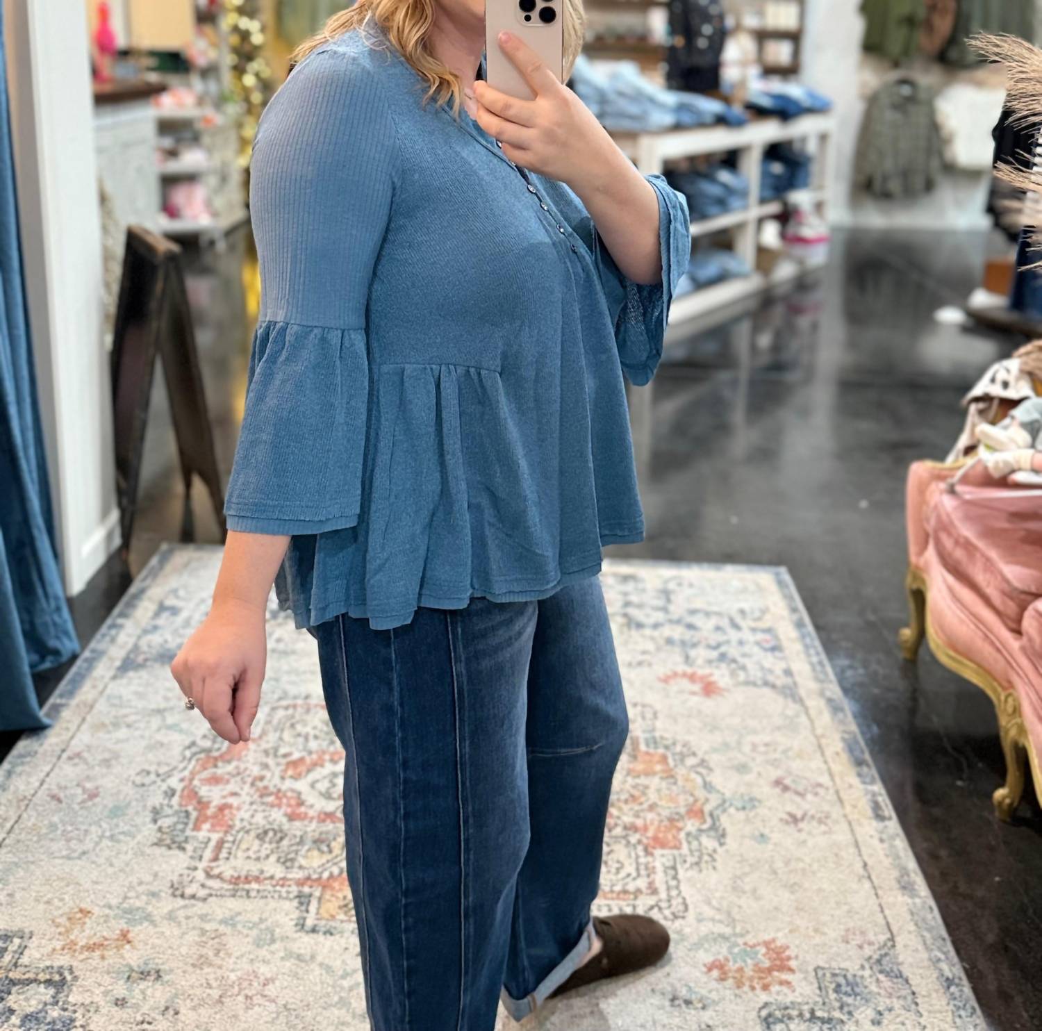 Listicle Sweater Like Knit Flowy Top in denim blue - women's blouse - alternate view