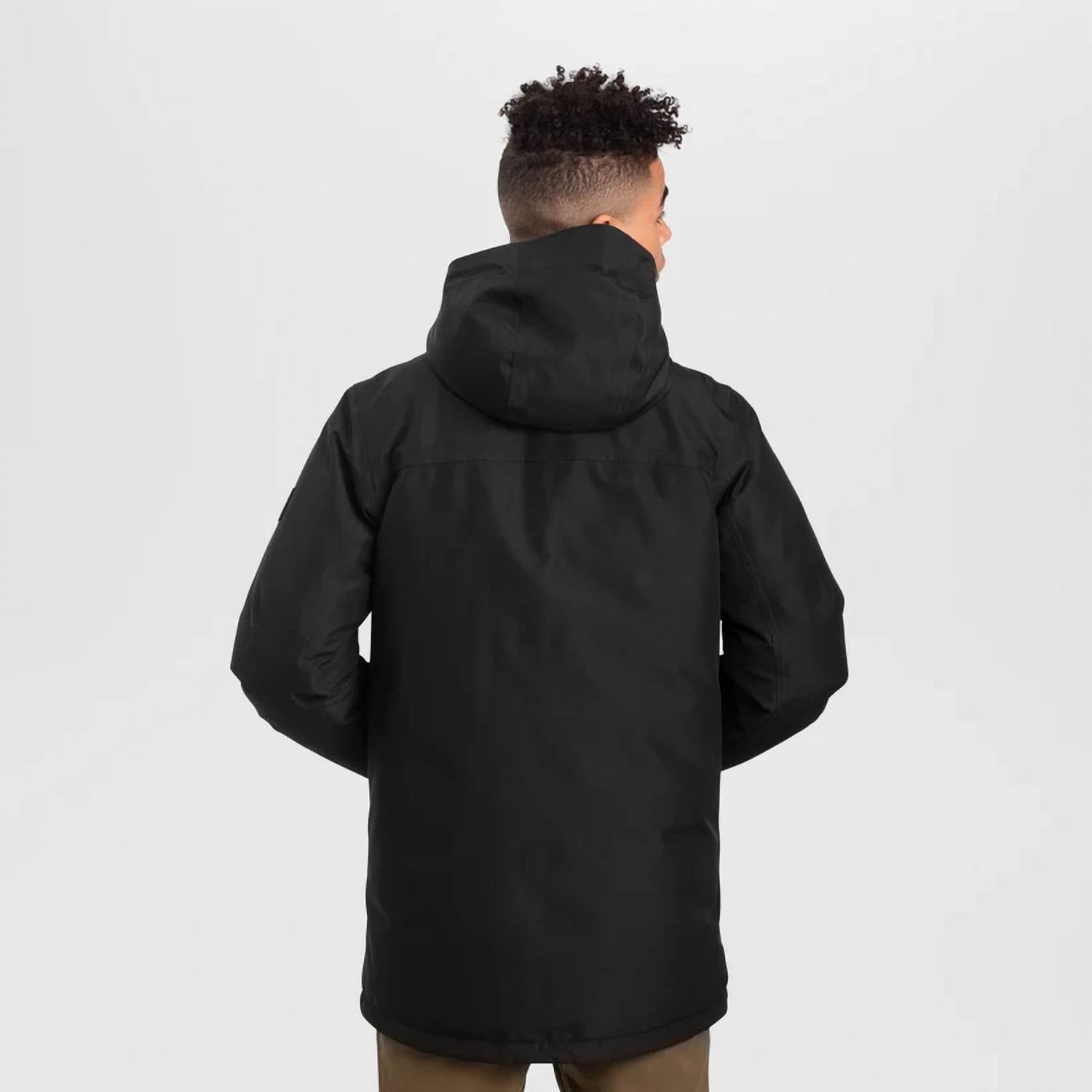 OUTDOOR RESEARCH Men's Stormcraft Down Parka Jacket in black - men's jacket - detail view