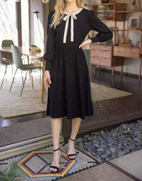 Voy - Joy Princess Sleeve Ribbon Neckline Midi Knit Dress