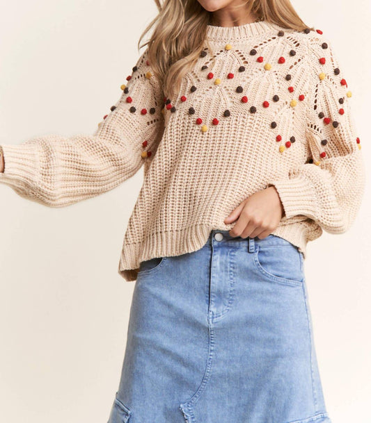 J.Nna - Eyelet Cable Knit PomPom Knit Sweater Top