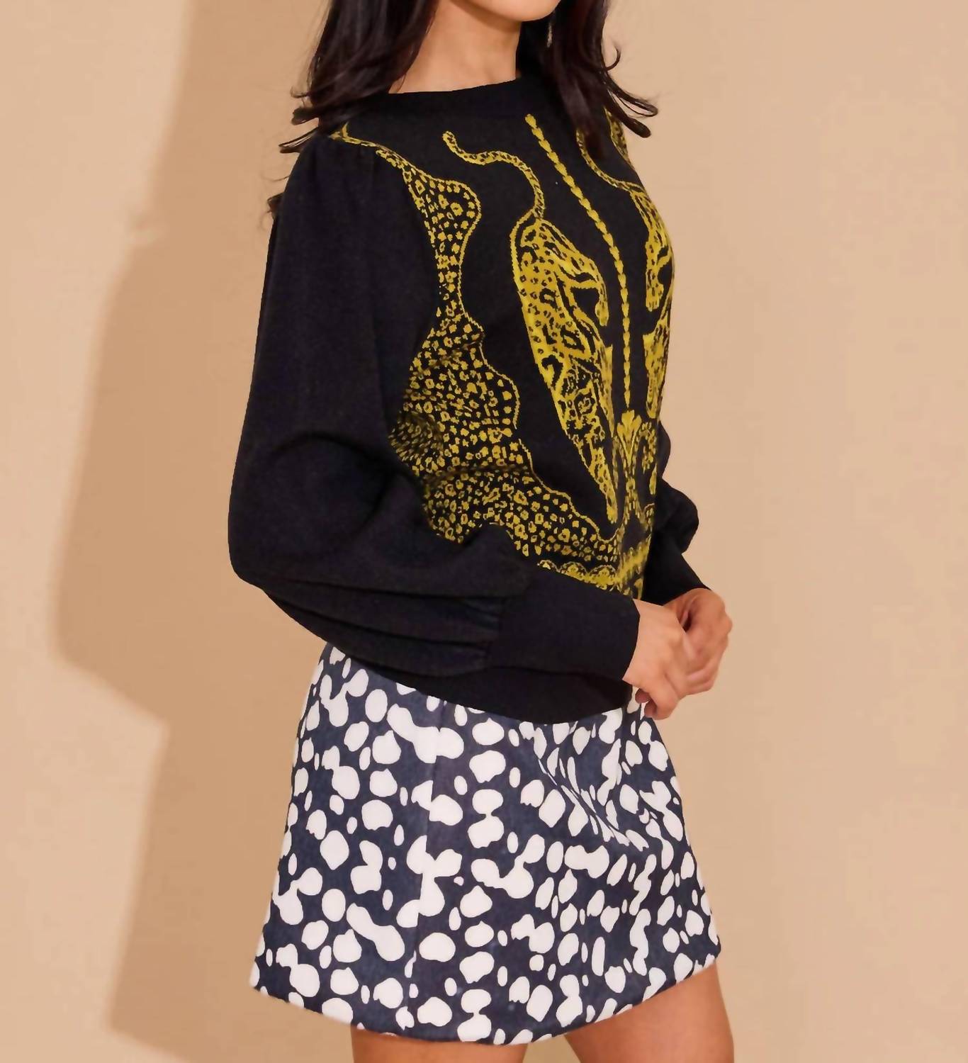 Alden Adair Lucie Crewneck Sweater in pouncing panther 1 - women's top - detail view