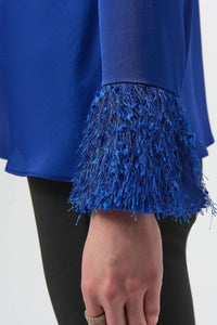 Joseph Ribkoff Cowl Neck Fringe Cuff Satin Top in royal sapphire - women's blouse - alternate view