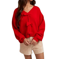 Wishlist - Holly Bow Brushed Knit V-neck Sweater