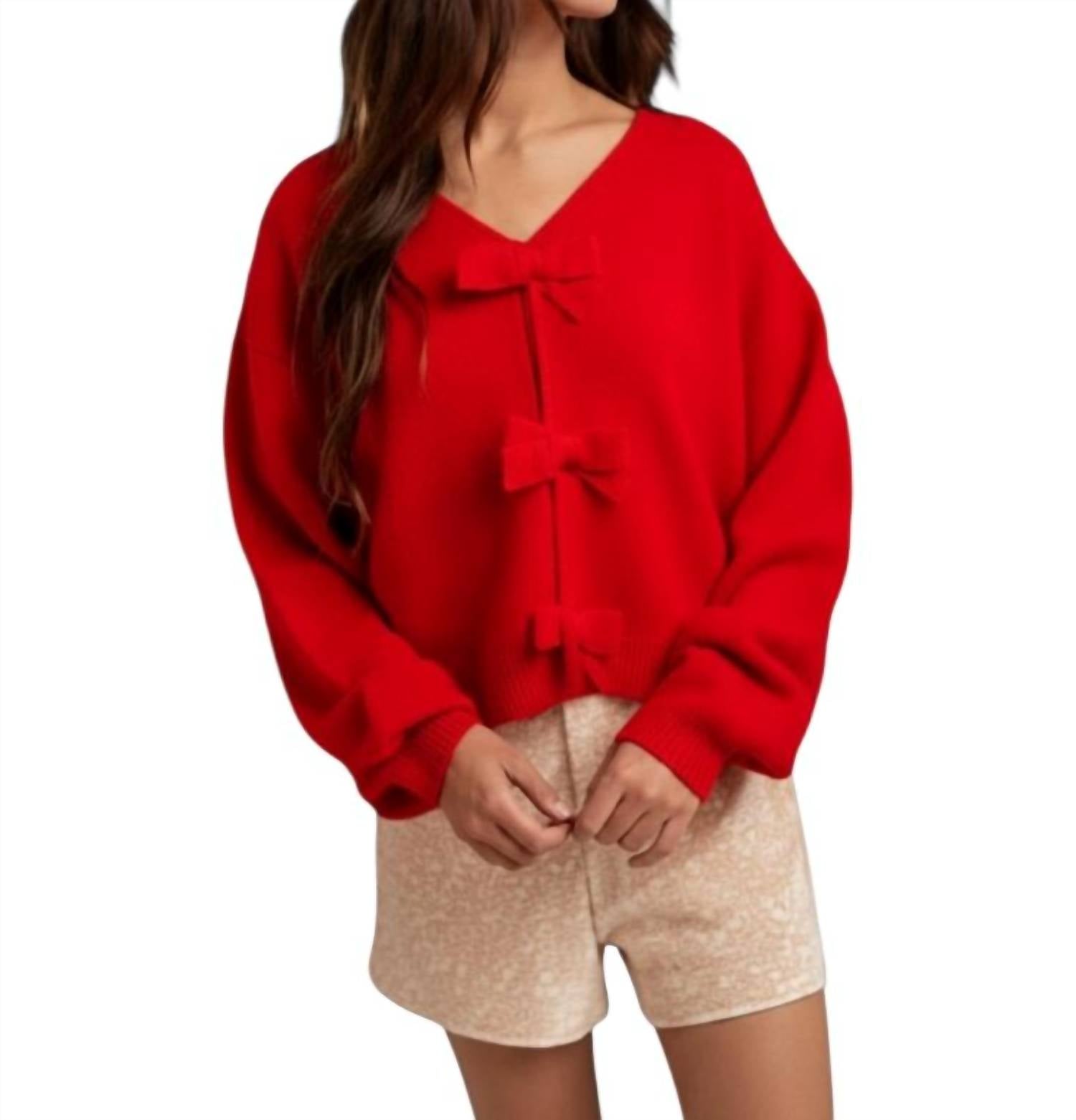 Wishlist - Holly Bow Brushed Knit V-neck Sweater