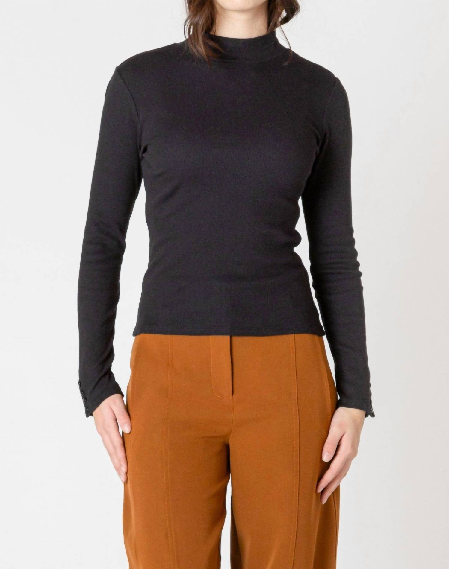 Dex Ribbed Mock Neck Top in black hoc winter - women's long sleeve top - detail view