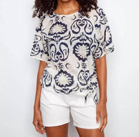 Charlie B - Side Tie Ornament Printed Cotton Gauze Blouse
