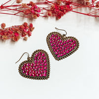 Pink Panache Women's Rhinestone Heart Earrings With Bronze Trim in fuchsia - women's jewelry