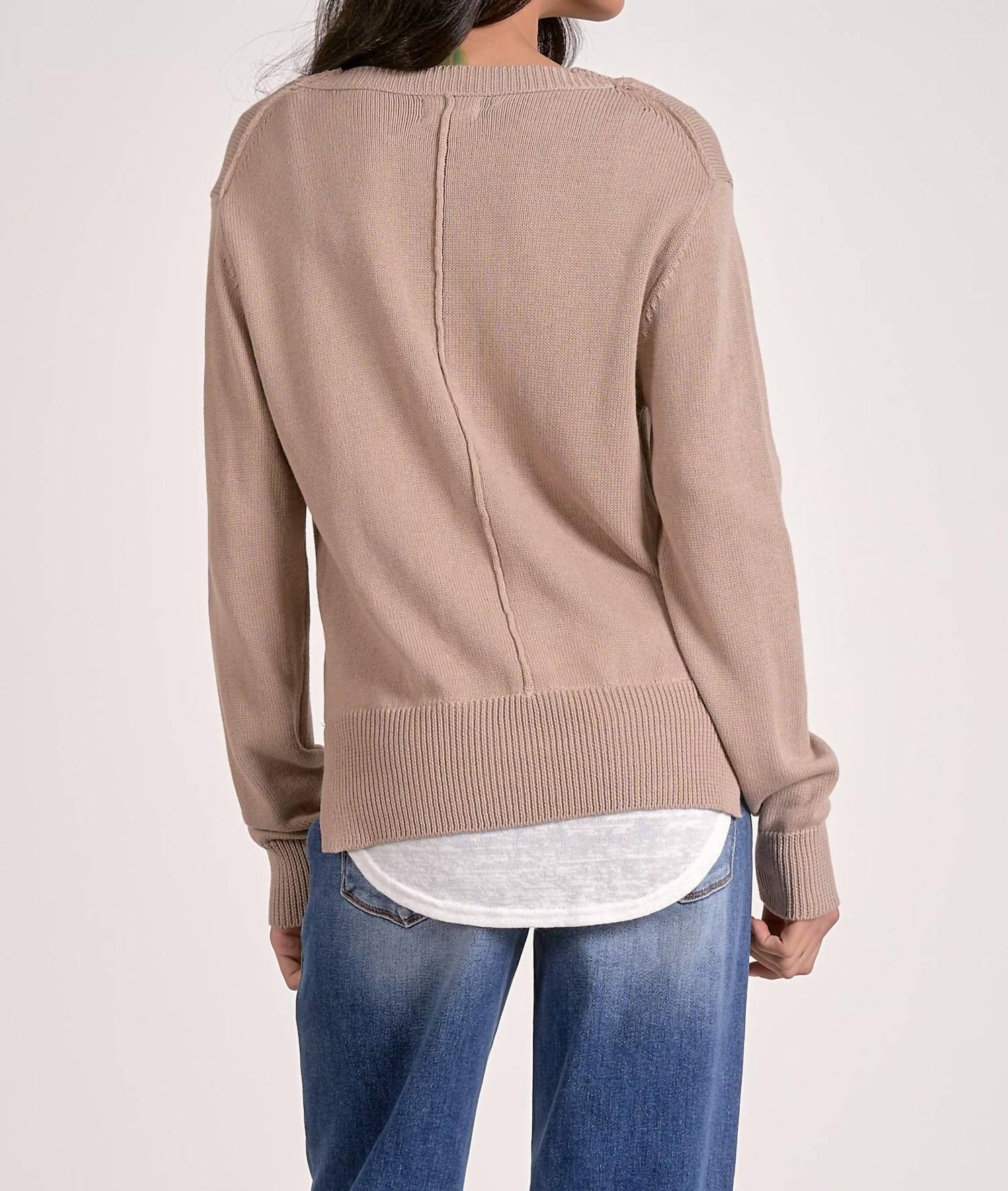 ELAN Layered Two-For One Knit Top in oatmeal white - women's long sleeve top - detail view