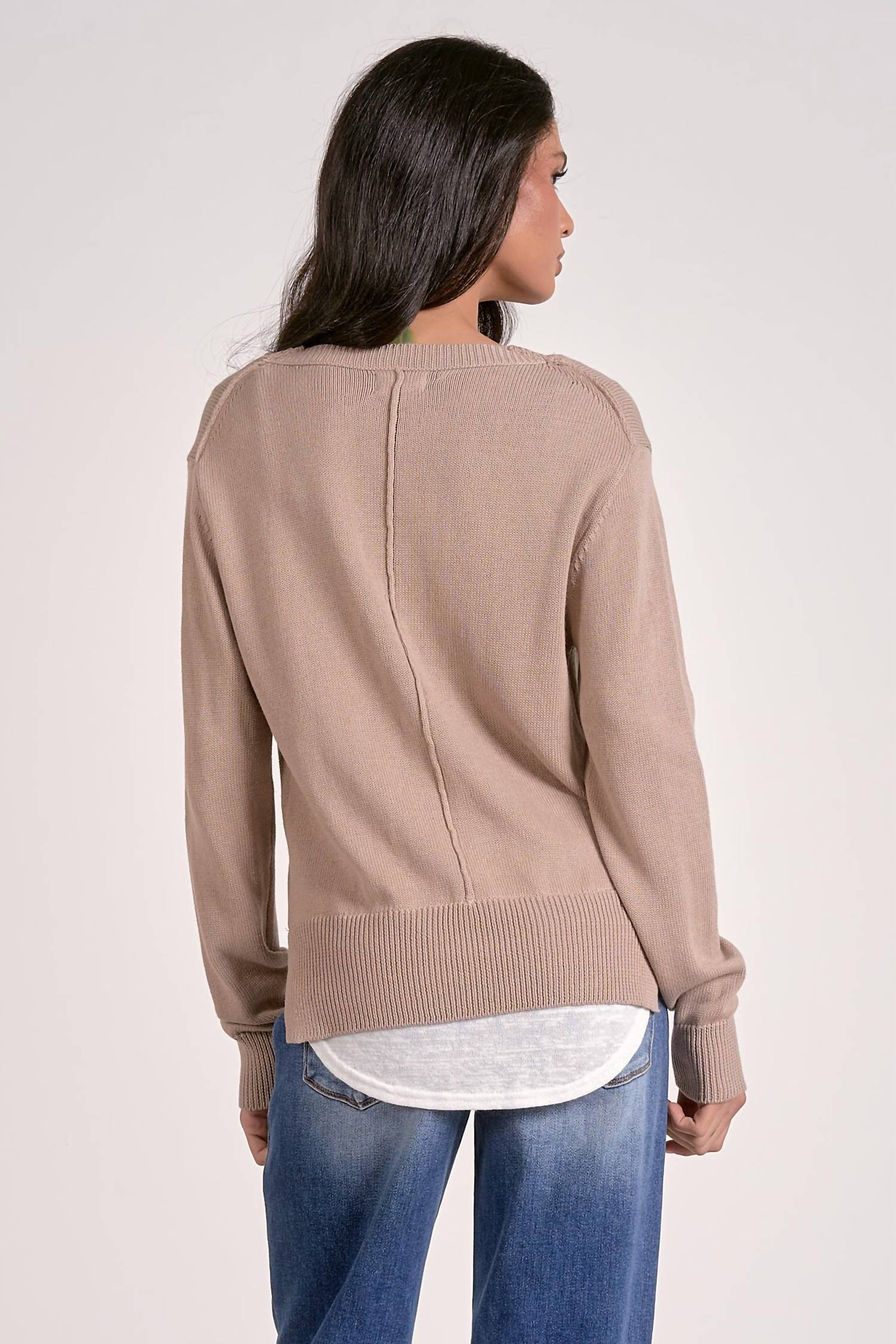ELAN Layered Two-For One Knit Top in oatmeal white - women's long sleeve top - alternate view