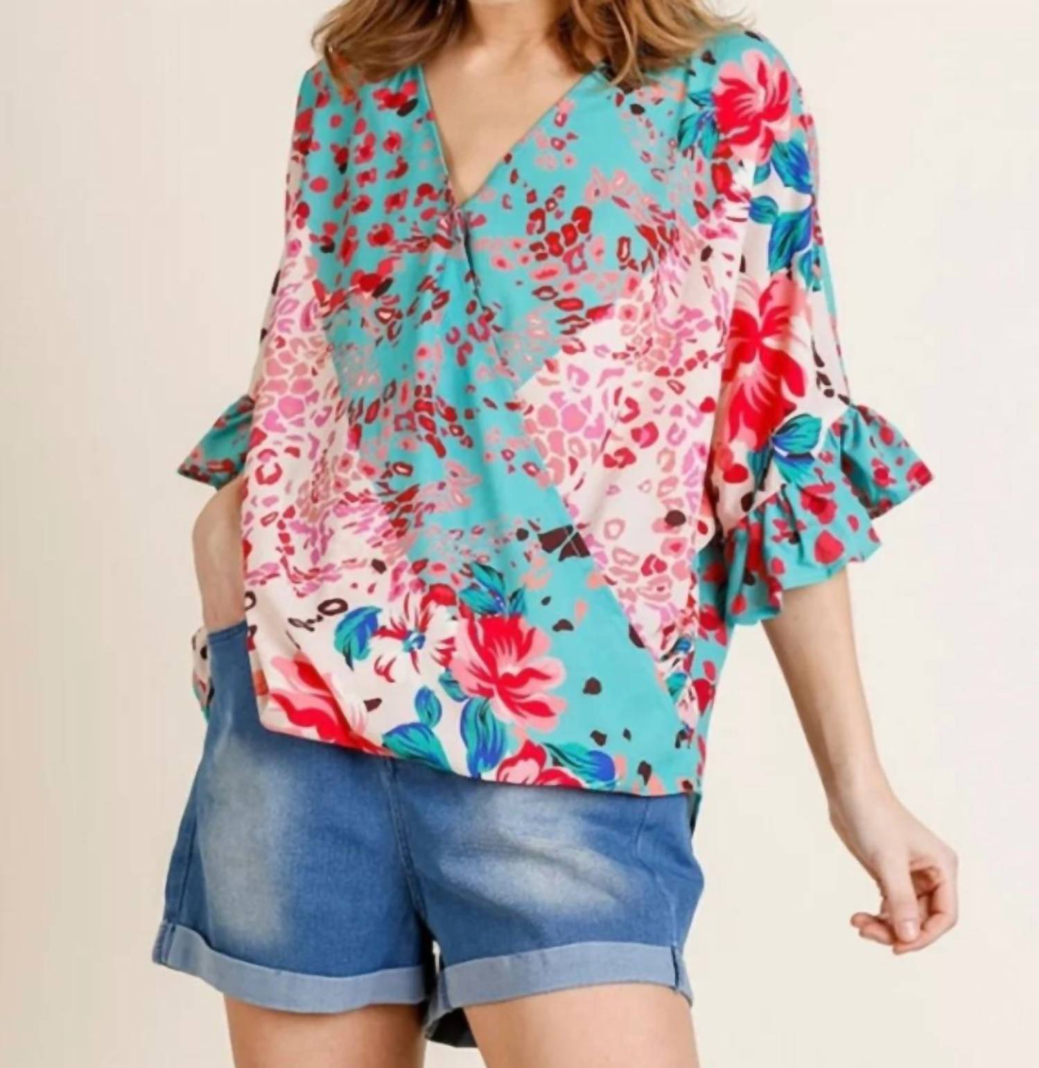 Umgee - Floral Animal Print Ruffle Top