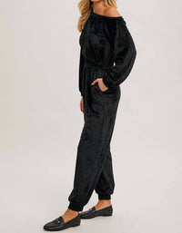 Bluivy - Velvet One Shoulder Boat Neck Jumpsuit