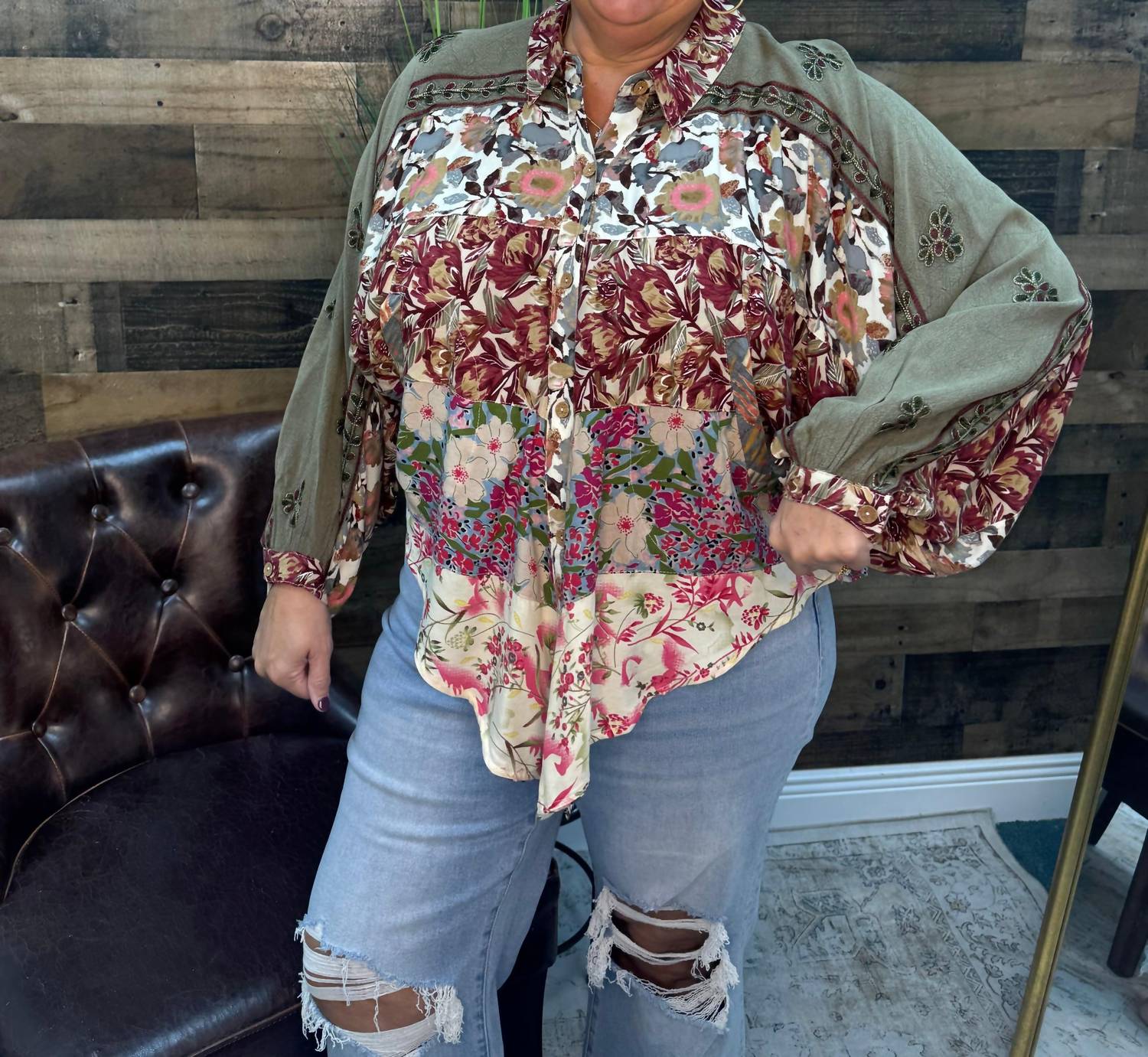 Young Threads Bishop Sleeves Loose Western Shirt in gravel - women's blouse - detail view