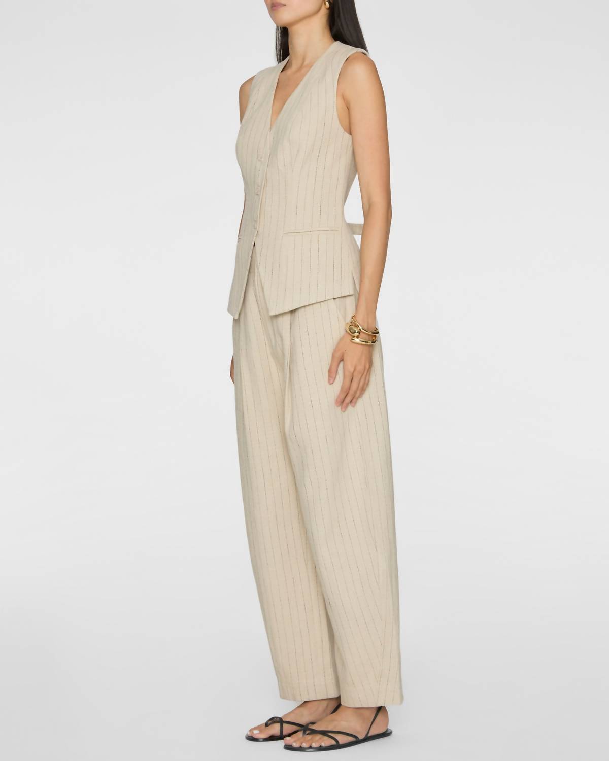 APIECE APART Helena V-neck Vest in striped flax - women's jacket - detail view