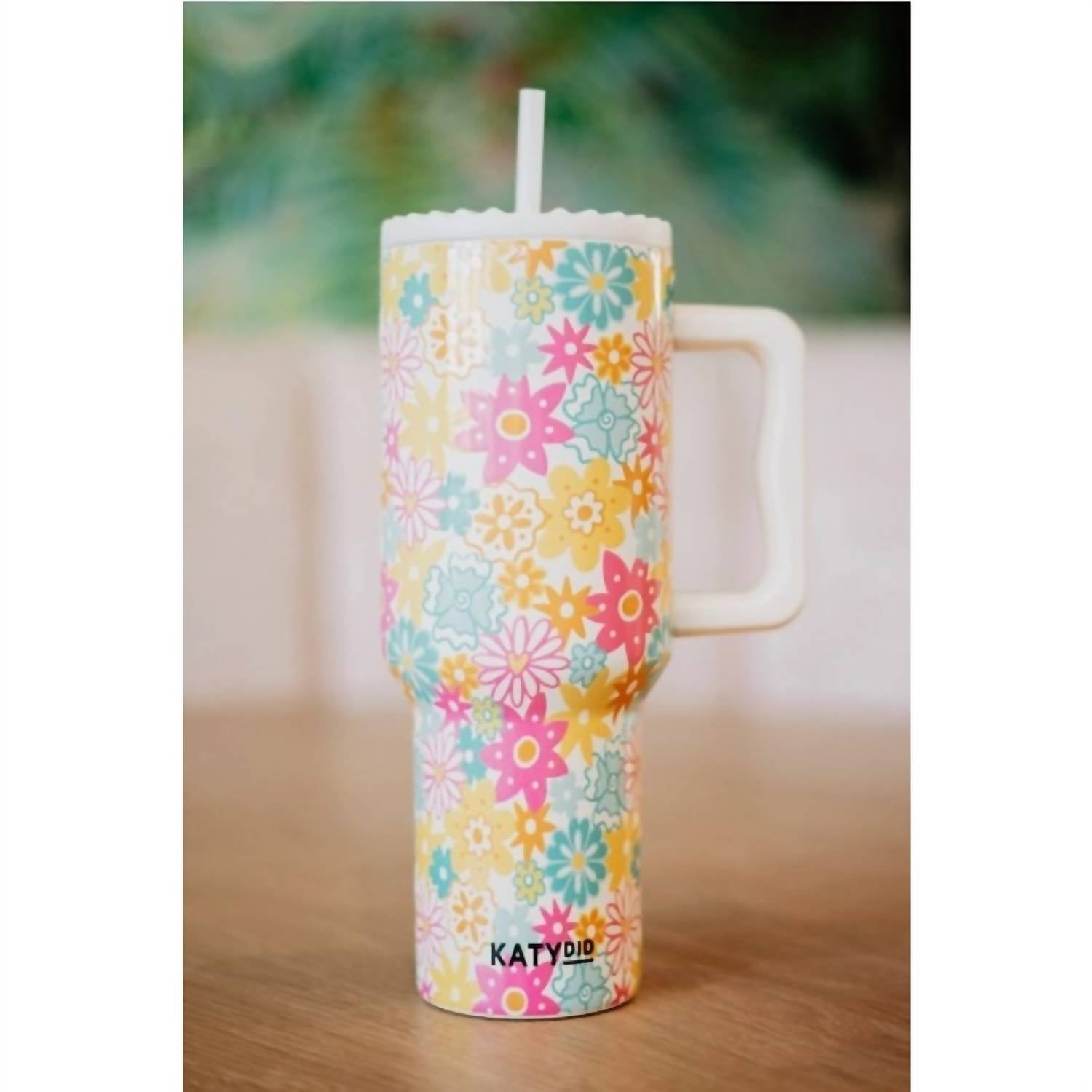 Katydid - Spring Retro Flowers Insulated Stainless Steel 38 Oz Tumbler with Handle