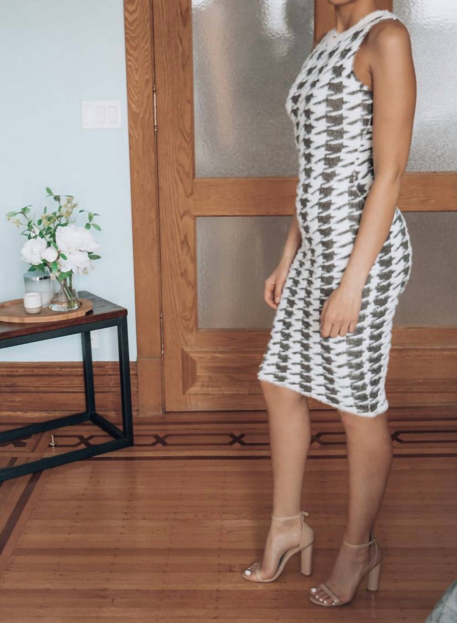 Endless Blu. - Fuzzy Knit Houndstooth Bodycon Dress