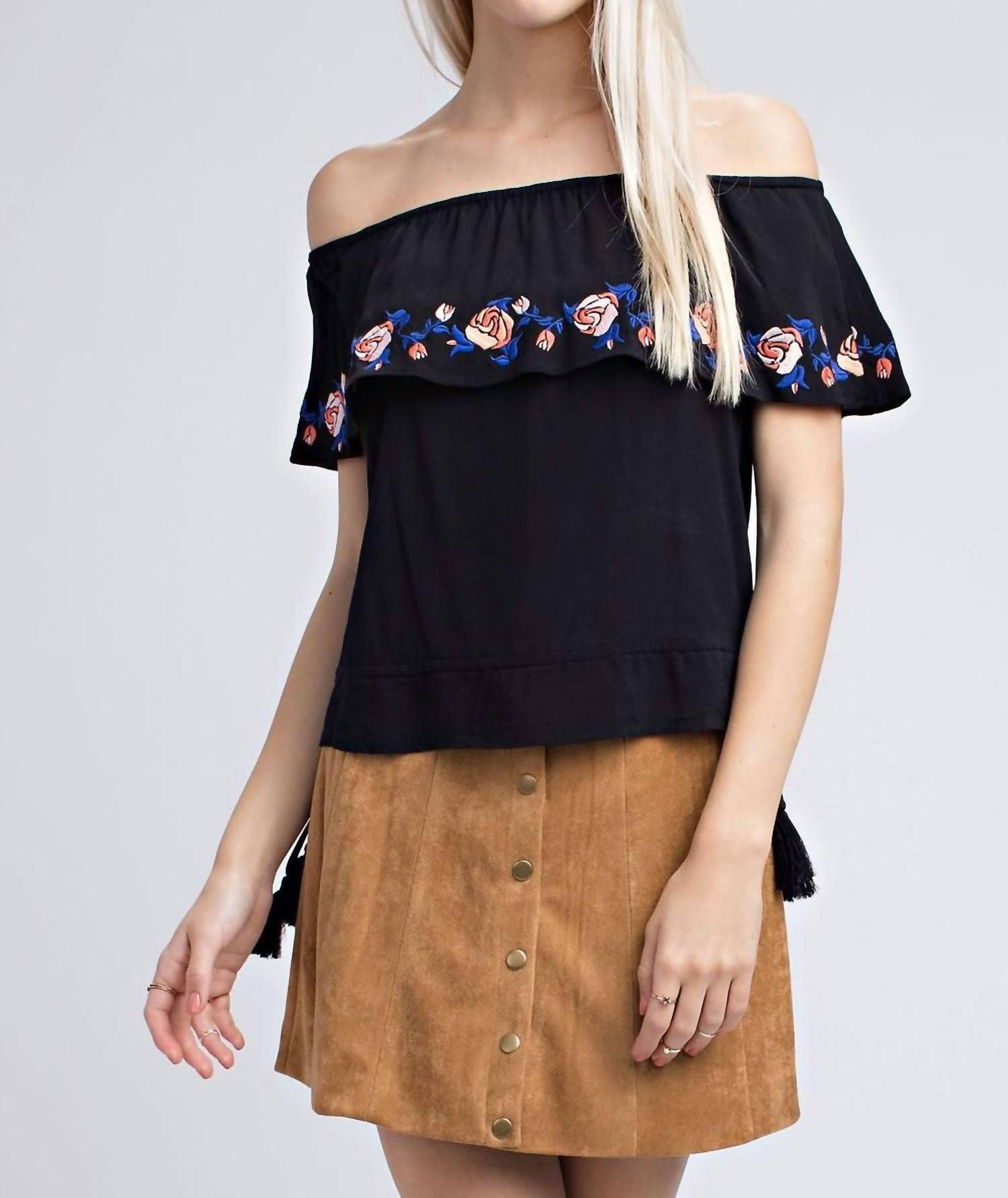 Honey Punch - Strapless Embroidered Ruffle Top