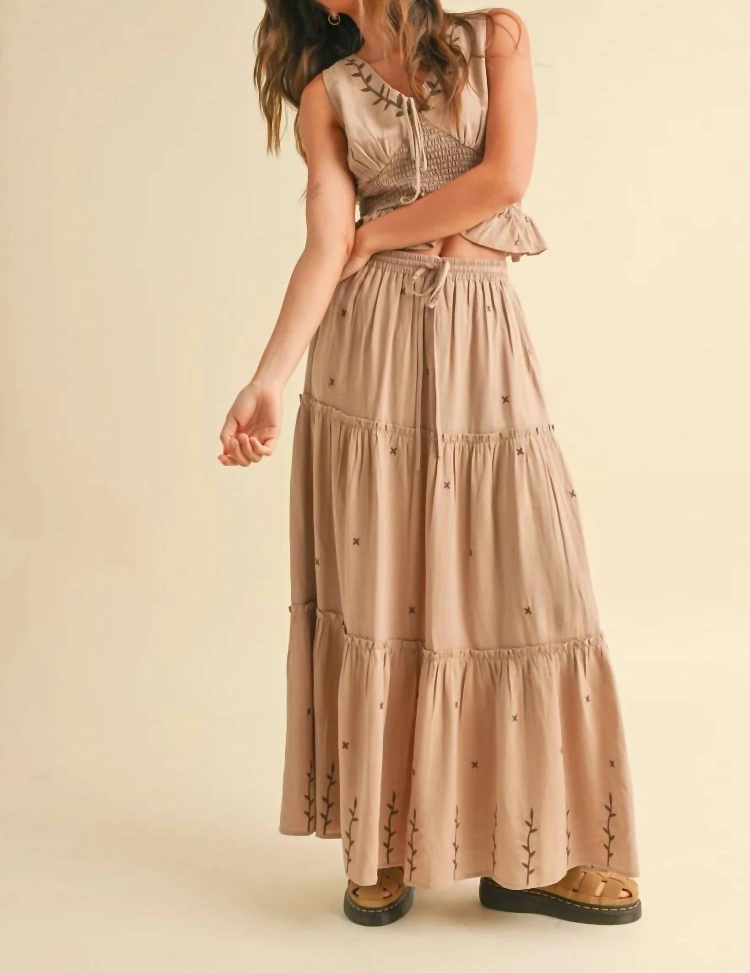 Miou Muse - Embroidery Detail Smock Waist Top And Tiered Maxi Set