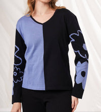 Angel Apparel Color Block And Floral Knit Top in black denim - women's sweater - detail view