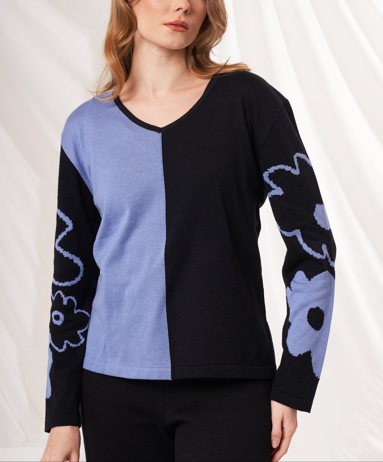 Angel Apparel Color Block And Floral Knit Top in black denim - women's sweater - alternate view