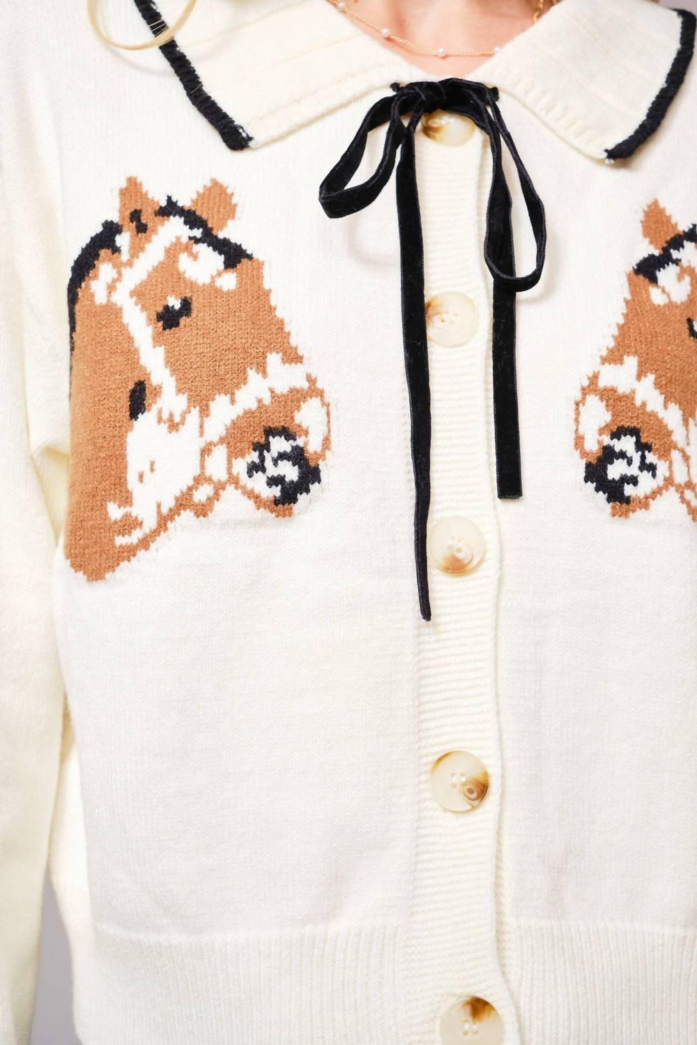 Blue B Horse Face Bow Tie Knit Cardigan in cream - women's cardigan - view 8