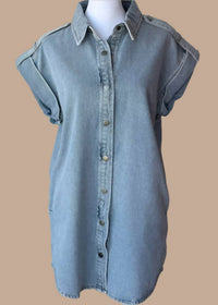 Ee:Some - Women's Denim Button Front Mini Dress With Cap Sleeve