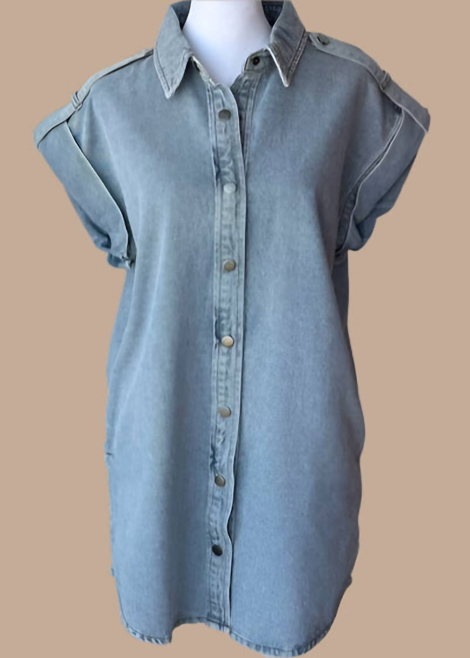 Ee:Some - Women's Denim Button Front Mini Dress With Cap Sleeve