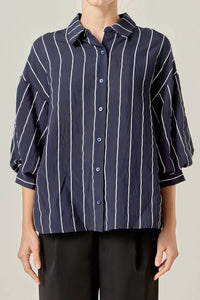 English Factory Bellamy Balloon Sleeve Blouse in navy white - women's blouse - detail view