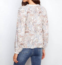Charlie B - Printed Linen Blend Raglan Blouse with Crochet Trim